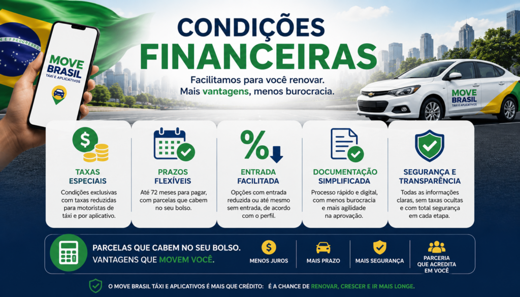 Move Brasil Táxi e Aplicativos é o programa que promete transformar a mobilidade no Brasil, oferecendo condições especiais, menos burocracia, segurança digital e oportunidades reais para taxistas e motoristas de aplicativo renovarem seus veículos com mais facilidade, economia e proteção contra golpes.
