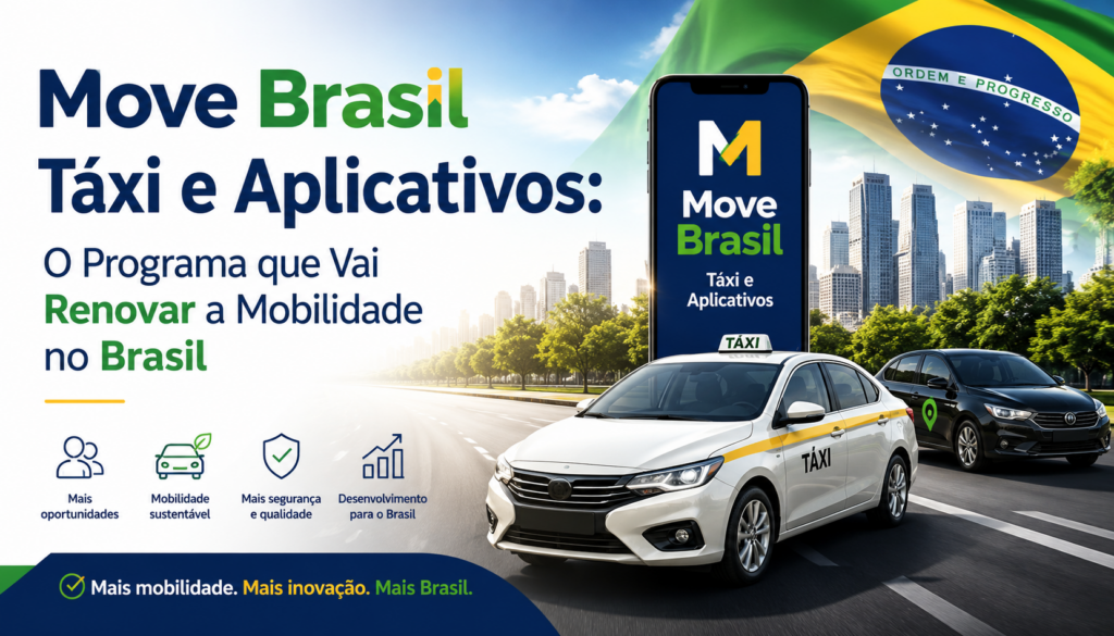 Move Brasil Táxi e Aplicativos é o programa que promete transformar a mobilidade no Brasil, oferecendo condições especiais, menos burocracia, segurança digital e oportunidades reais para taxistas e motoristas de aplicativo renovarem seus veículos com mais facilidade, economia e proteção contra golpes.