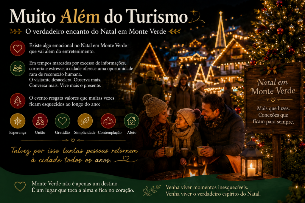 Encantos do Natal em Monte Verde: viva a magia natalina em um dos destinos mais encantadores de Minas Gerais, com luzes deslumbrantes, clima romântico, gastronomia irresistível e atrações que transformam a serra em um verdadeiro cenário de conto de Natal. ✨🎄