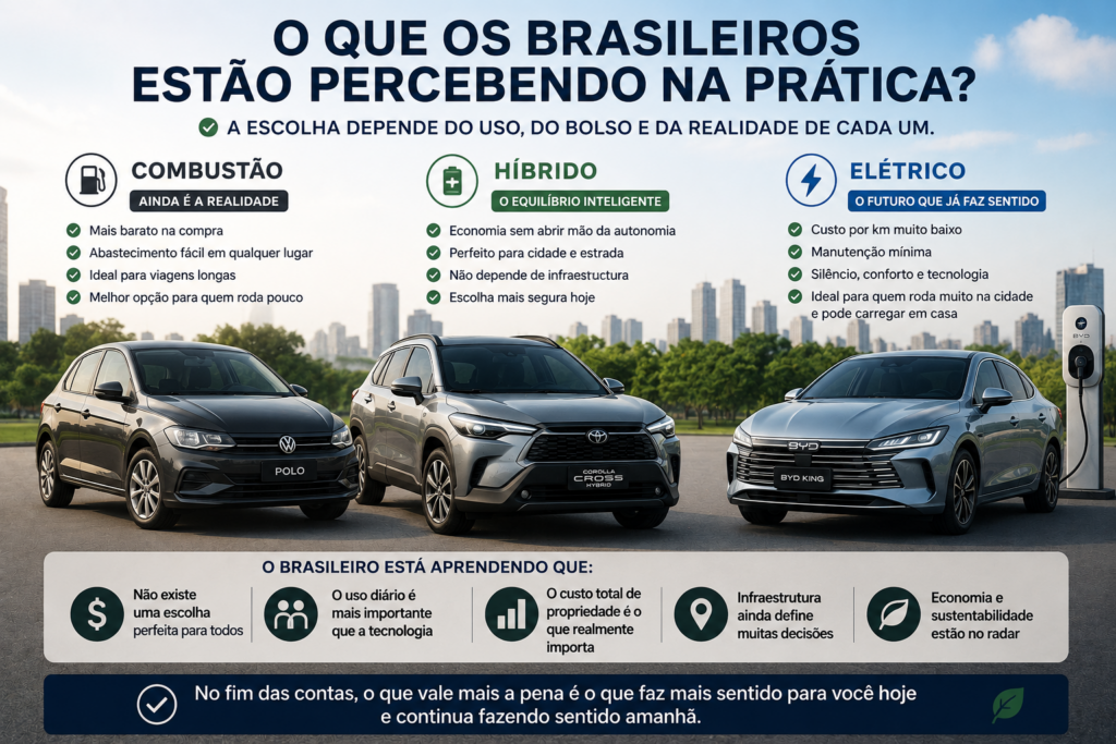 Carro a combustão, híbrido ou elétrico: qual vale mais a pena no Brasil em 2026? Descubra as vantagens, custos, economia, manutenção e desempenho de cada opção antes de escolher seu próximo veículo. Veja qual tecnologia realmente compensa para o bolso e para o dia a dia do brasileiro.

