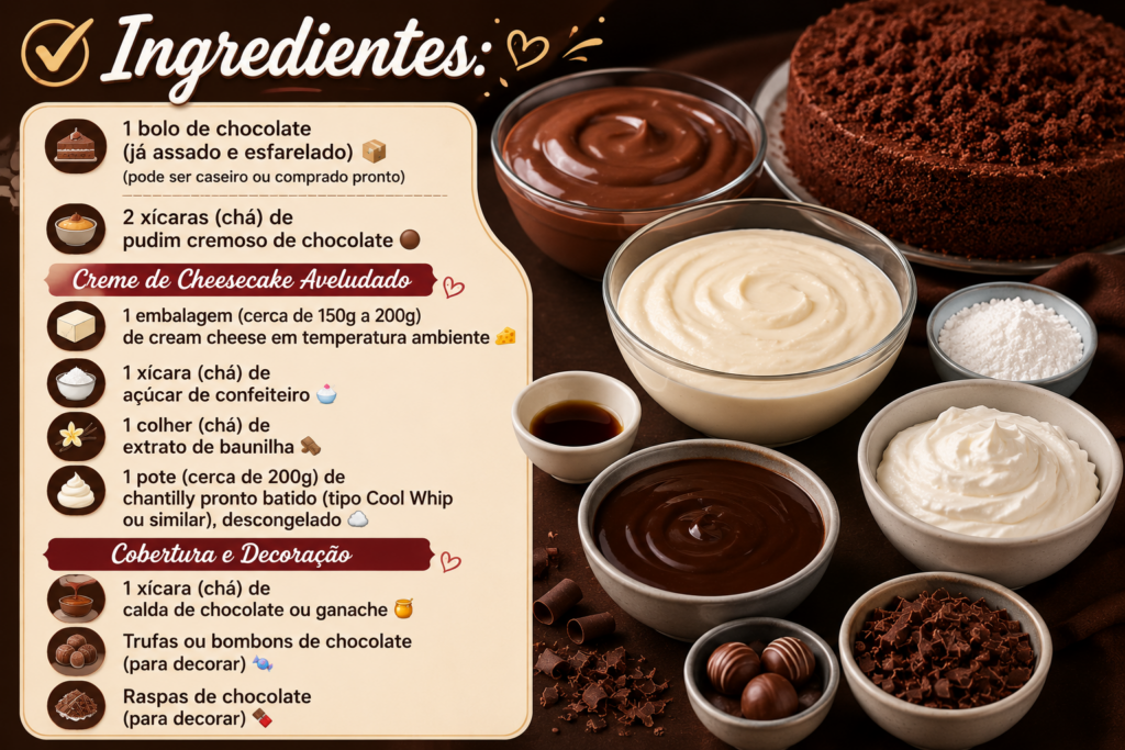 Pavê Trufado de Chocolate e Cheesecake é a sobremesa irresistível que vai conquistar todos à primeira colherada! Com camadas cremosas, muito chocolate e um toque sofisticado de cheesecake, essa receita perfeita une sabor, textura e apresentação de dar água na boca. Aprenda agora o passo a passo dessa delícia incrível e surpreenda sua família, clientes ou convidados com uma sobremesa digna de confeitaria!