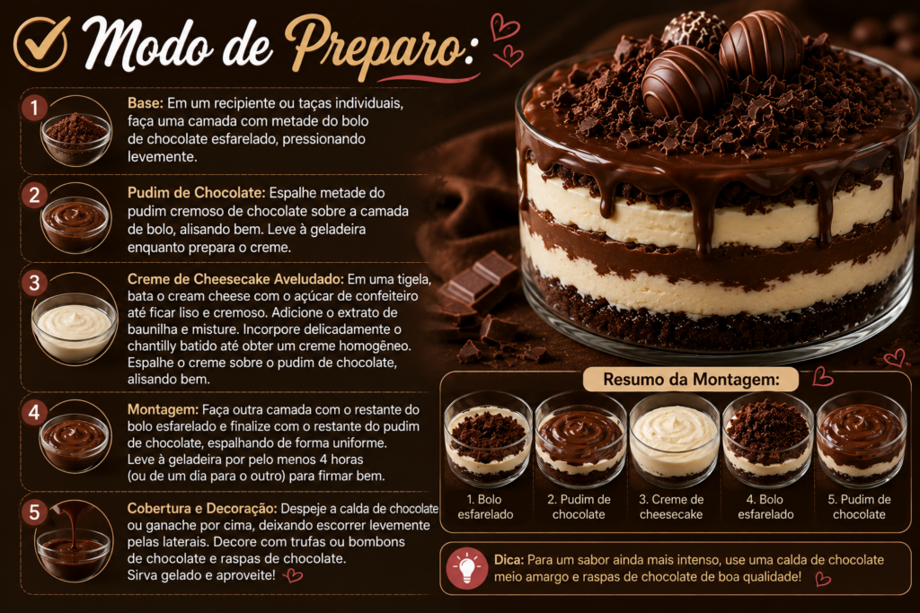 Pavê Trufado de Chocolate e Cheesecake é a sobremesa irresistível que vai conquistar todos à primeira colherada! Com camadas cremosas, muito chocolate e um toque sofisticado de cheesecake, essa receita perfeita une sabor, textura e apresentação de dar água na boca. Aprenda agora o passo a passo dessa delícia incrível e surpreenda sua família, clientes ou convidados com uma sobremesa digna de confeitaria!