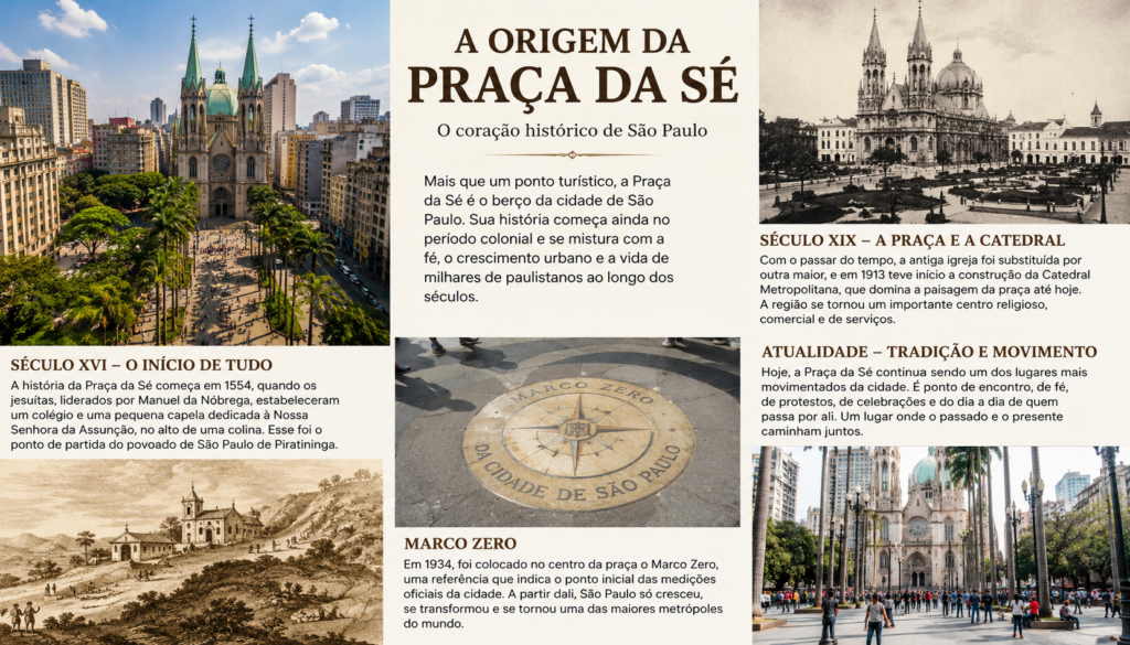 História da Praça da Sé: descubra como nasceu o principal marco histórico de São Paulo, desde o período colonial até se tornar o coração cultural, religioso e turístico da maior cidade do Brasil.