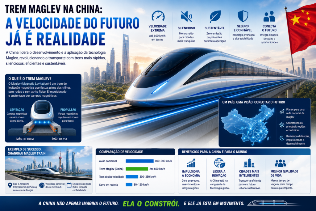 O Trem Maglev na China representa uma revolução na mobilidade global, combinando velocidade extrema, inovação tecnológica e impacto econômico para redefinir o futuro do transporte sustentável e conectado.
