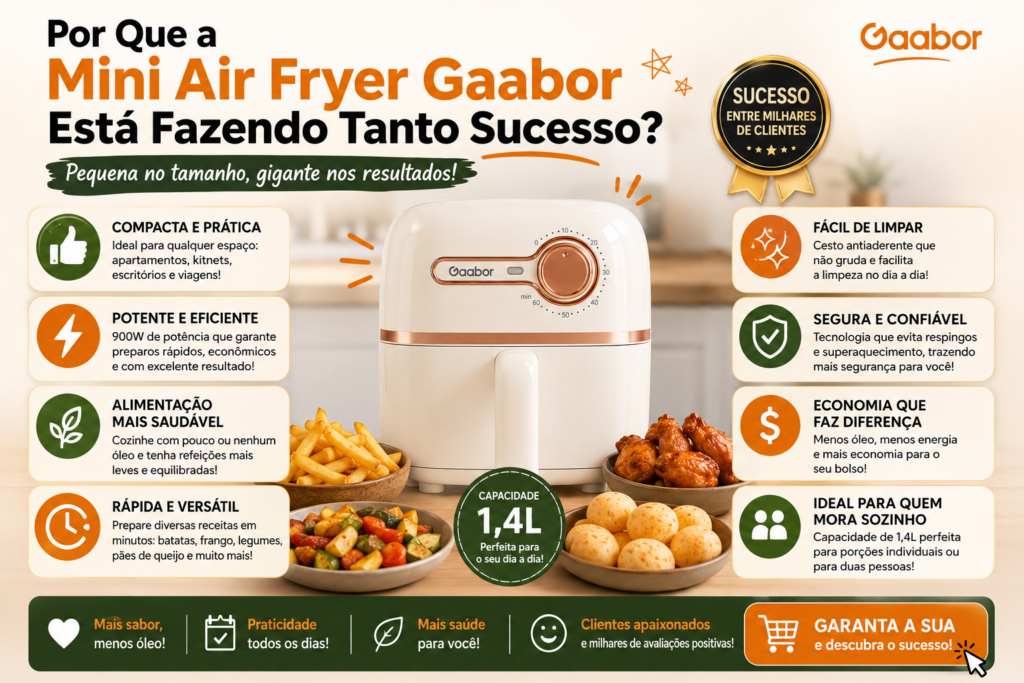 **Mini Air Fryer Gaabor**: prepare receitas deliciosas com mais praticidade, economia e menos óleo! Compacta, moderna e eficiente, ela é perfeita para cozinhas pequenas e para quem busca refeições crocantes e saborosas em poucos minutos. Descubra todas as vantagens e veja por que a Mini Air Fryer Gaabor está conquistando cada vez mais consumidores. 🍟✨
