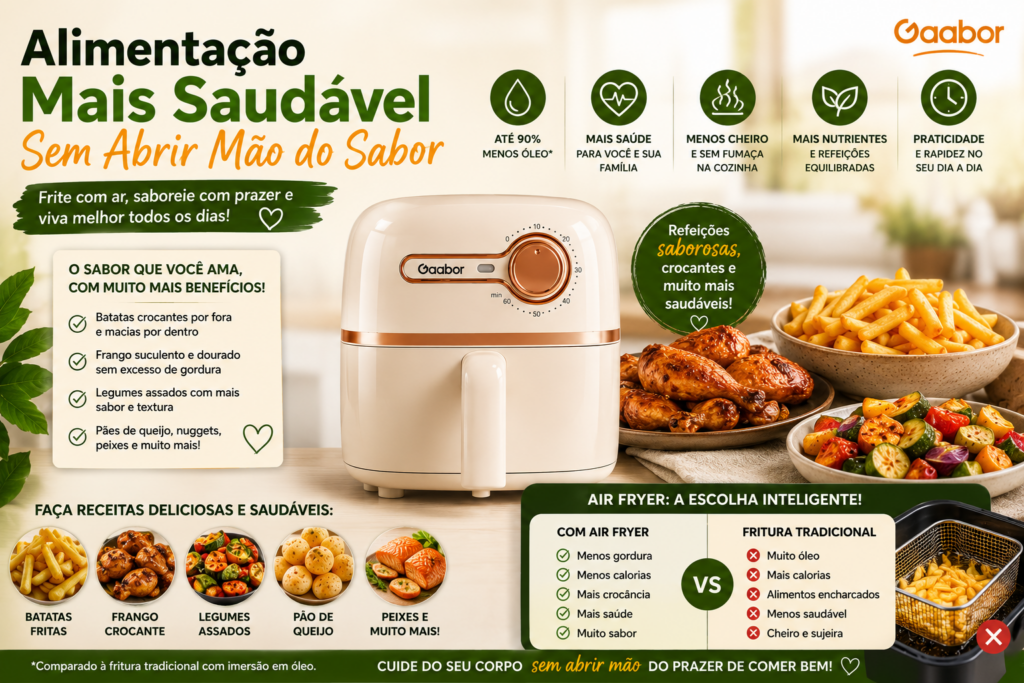 **Mini Air Fryer Gaabor**: prepare receitas deliciosas com mais praticidade, economia e menos óleo! Compacta, moderna e eficiente, ela é perfeita para cozinhas pequenas e para quem busca refeições crocantes e saborosas em poucos minutos. Descubra todas as vantagens e veja por que a Mini Air Fryer Gaabor está conquistando cada vez mais consumidores. 🍟✨
