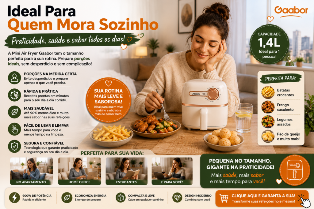 **Mini Air Fryer Gaabor**: prepare receitas deliciosas com mais praticidade, economia e menos óleo! Compacta, moderna e eficiente, ela é perfeita para cozinhas pequenas e para quem busca refeições crocantes e saborosas em poucos minutos. Descubra todas as vantagens e veja por que a Mini Air Fryer Gaabor está conquistando cada vez mais consumidores. 🍟✨

