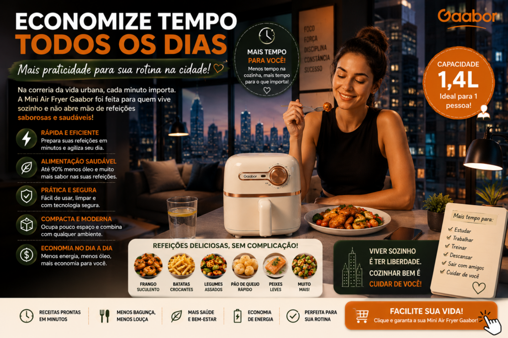 **Mini Air Fryer Gaabor**: prepare receitas deliciosas com mais praticidade, economia e menos óleo! Compacta, moderna e eficiente, ela é perfeita para cozinhas pequenas e para quem busca refeições crocantes e saborosas em poucos minutos. Descubra todas as vantagens e veja por que a Mini Air Fryer Gaabor está conquistando cada vez mais consumidores. 🍟✨
