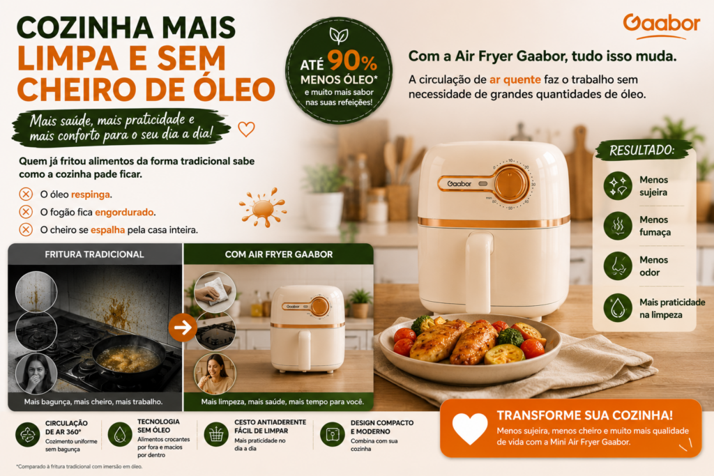 **Mini Air Fryer Gaabor**: prepare receitas deliciosas com mais praticidade, economia e menos óleo! Compacta, moderna e eficiente, ela é perfeita para cozinhas pequenas e para quem busca refeições crocantes e saborosas em poucos minutos. Descubra todas as vantagens e veja por que a Mini Air Fryer Gaabor está conquistando cada vez mais consumidores. 🍟✨
