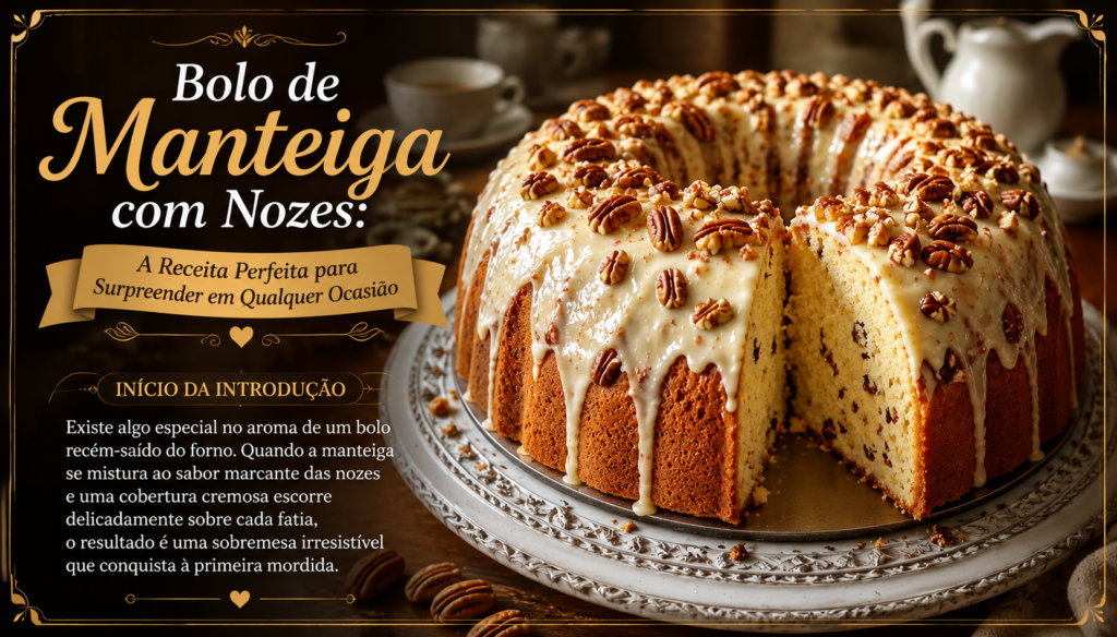 Bolo de Manteiga com Nozes irresistível, macio e coberto com creme delicado. Aprenda uma receita fácil, elegante e perfeita para acompanhar o café ou surpreender convidados.