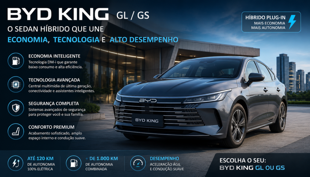 BYD King é o sedã híbrido que está conquistando o Brasil com tecnologia de ponta, economia impressionante e desempenho superior. Descubra por que o BYD King supera concorrentes tradicionais, oferece mais autonomia, mais conforto e um excelente custo-benefício para quem busca inovação, eficiência e valorização na hora de escolher seu próximo carro. 🚗⚡👑