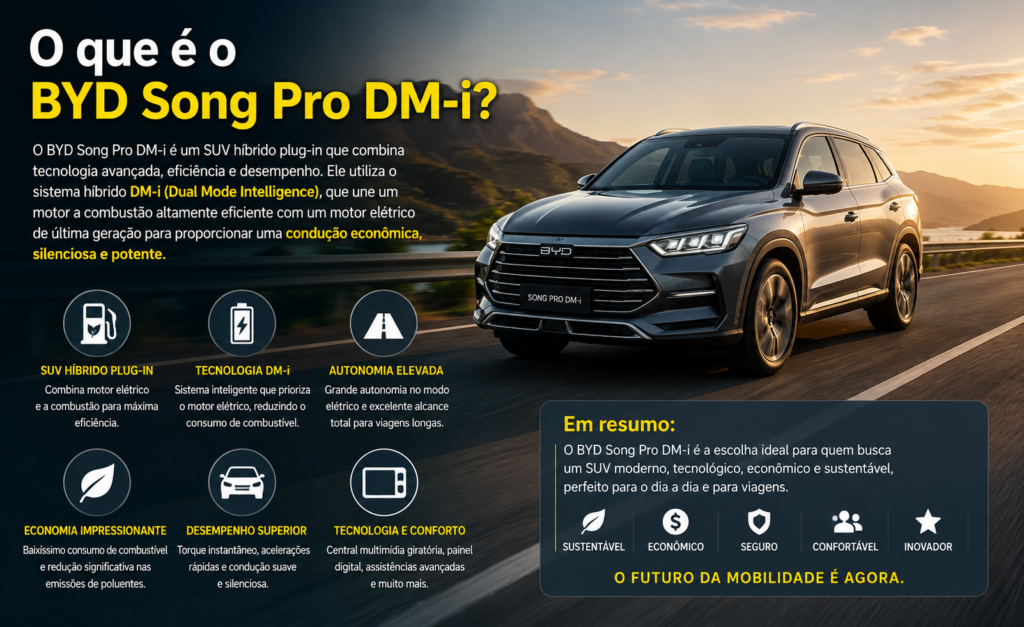 BYD Song Pro DM-i surpreende em 2026 com tecnologia híbrida avançada, consumo impressionante, autonomia elevada e um pacote completo de conforto, segurança e conectividade. Descubra preço, desempenho, principais vantagens e se o SUV híbrido da BYD realmente vale a pena para quem busca economia e inovação.