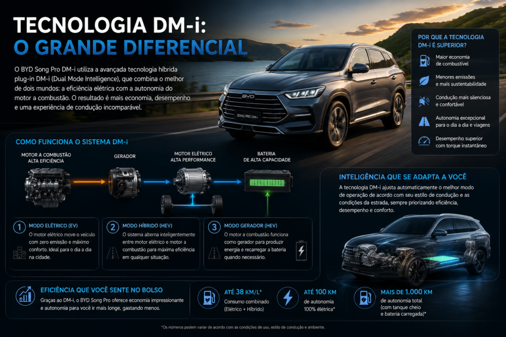 BYD Song Pro DM-i surpreende em 2026 com tecnologia híbrida avançada, consumo impressionante, autonomia elevada e um pacote completo de conforto, segurança e conectividade. Descubra preço, desempenho, principais vantagens e se o SUV híbrido da BYD realmente vale a pena para quem busca economia e inovação.
