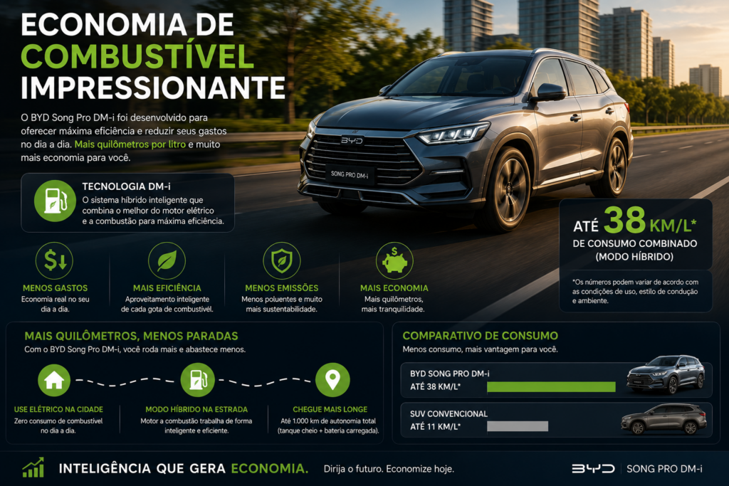 BYD Song Pro DM-i surpreende em 2026 com tecnologia híbrida avançada, consumo impressionante, autonomia elevada e um pacote completo de conforto, segurança e conectividade. Descubra preço, desempenho, principais vantagens e se o SUV híbrido da BYD realmente vale a pena para quem busca economia e inovação.