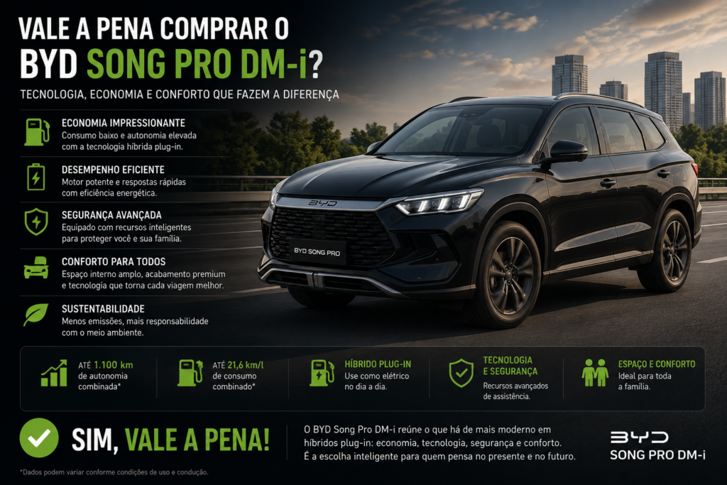 BYD Song Pro DM-i surpreende em 2026 com tecnologia híbrida avançada, consumo impressionante, autonomia elevada e um pacote completo de conforto, segurança e conectividade. Descubra preço, desempenho, principais vantagens e se o SUV híbrido da BYD realmente vale a pena para quem busca economia e inovação.