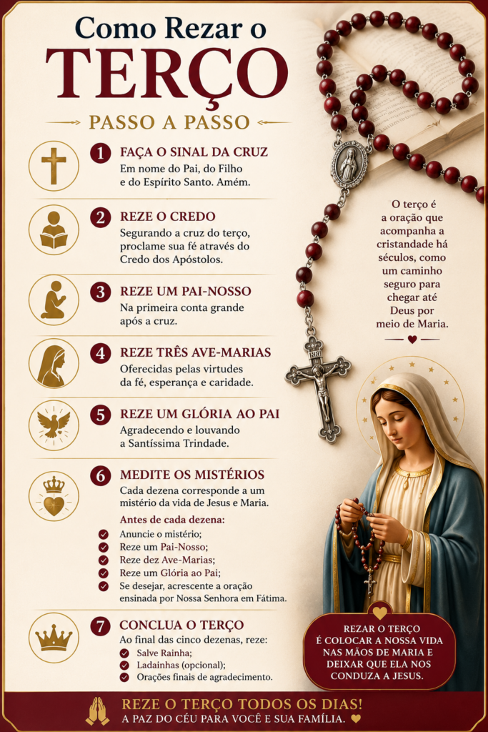 Como rezar o terço? Aprenda o passo a passo completo dessa poderosa oração católica e descubra como fortalecer sua fé, encontrar paz e se aproximar de Deus todos os dias.