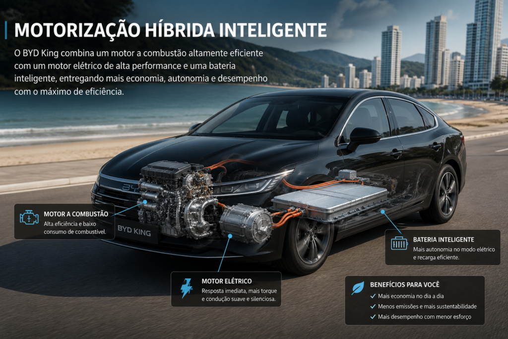 BYD King é o sedã híbrido que está conquistando o Brasil com tecnologia de ponta, economia impressionante e desempenho superior. Descubra por que o BYD King supera concorrentes tradicionais, oferece mais autonomia, mais conforto e um excelente custo-benefício para quem busca inovação, eficiência e valorização na hora de escolher seu próximo carro. 🚗⚡👑