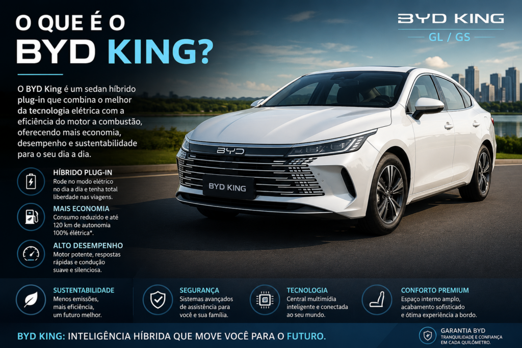 BYD King é o sedã híbrido que está conquistando o Brasil com tecnologia de ponta, economia impressionante e desempenho superior. Descubra por que o BYD King supera concorrentes tradicionais, oferece mais autonomia, mais conforto e um excelente custo-benefício para quem busca inovação, eficiência e valorização na hora de escolher seu próximo carro. 🚗⚡👑