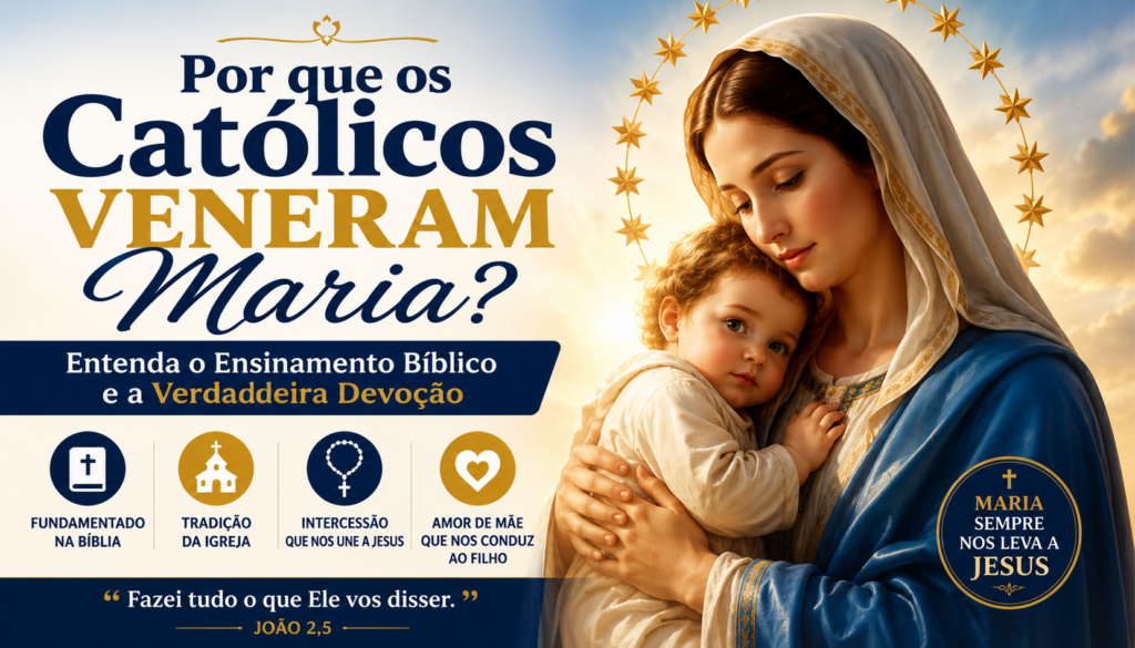 Por que os Católicos Veneram Maria? Descubra o ensinamento bíblico, a diferença entre adoração e veneração e como a Virgem Maria conduz todos os fiéis a Jesus Cristo.