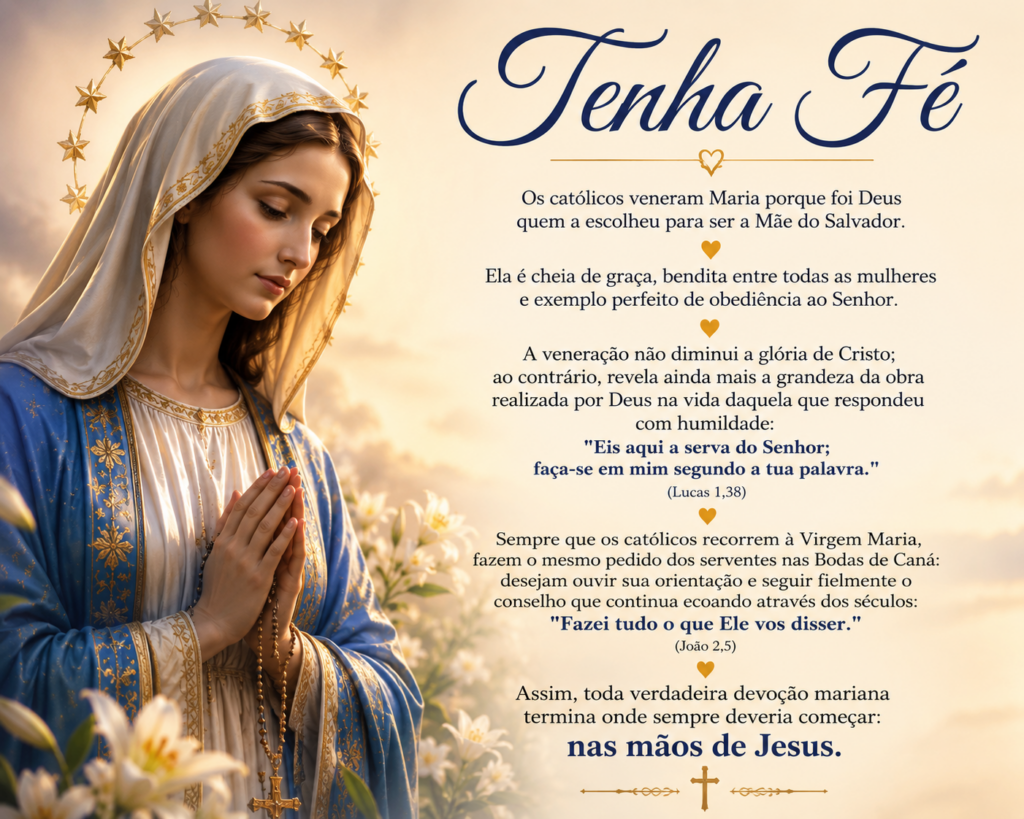 Por que os Católicos Veneram Maria? Descubra o ensinamento bíblico, a diferença entre adoração e veneração e como a Virgem Maria conduz todos os fiéis a Jesus Cristo.