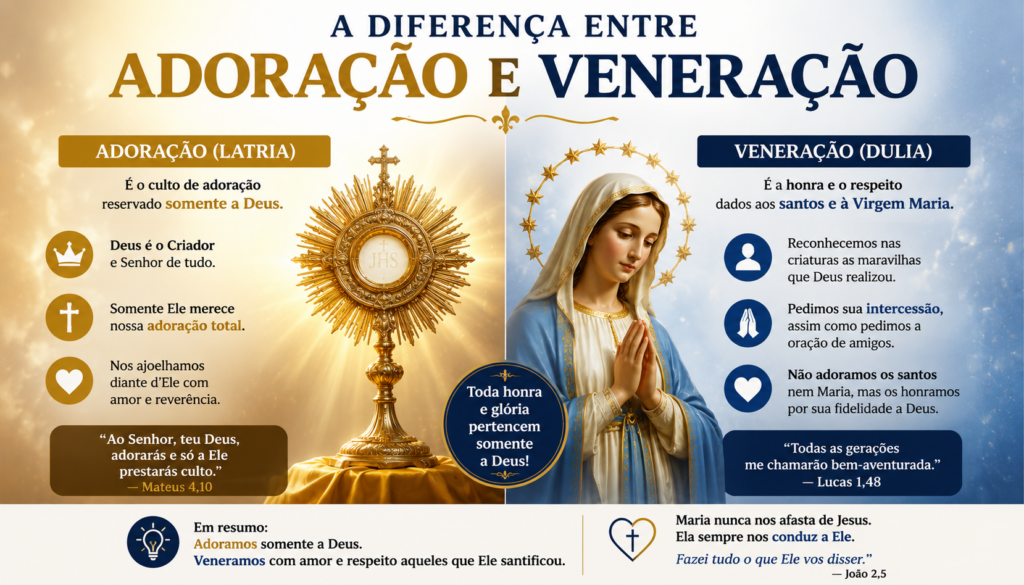 Por que os Católicos Veneram Maria? Descubra o ensinamento bíblico, a diferença entre adoração e veneração e como a Virgem Maria conduz todos os fiéis a Jesus Cristo.