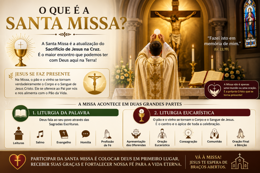 Santa Missa: descubra por que participar da Eucaristia todos os domingos fortalece a fé, transforma vidas, renova a esperança e aproxima você do amor de Deus. Volte à Casa do Pai!
