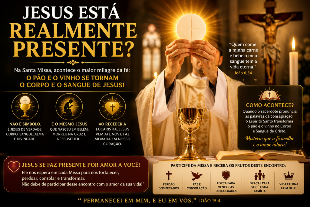 Santa Missa: descubra por que participar da Eucaristia todos os domingos fortalece a fé, transforma vidas, renova a esperança e aproxima você do amor de Deus. Volte à Casa do Pai!