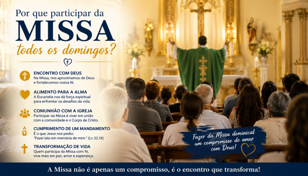 Santa Missa: descubra por que participar da Eucaristia todos os domingos fortalece a fé, transforma vidas, renova a esperança e aproxima você do amor de Deus. Volte à Casa do Pai!