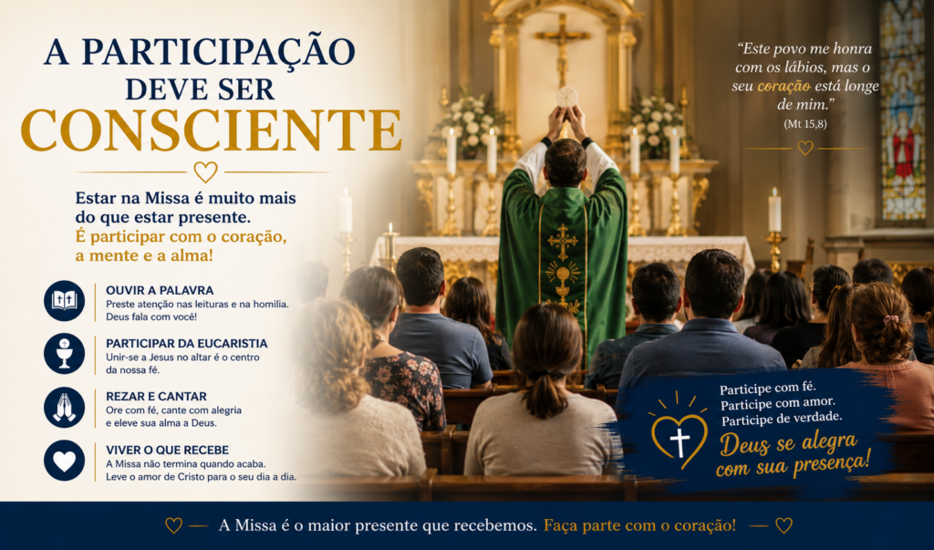 Santa Missa: descubra por que participar da Eucaristia todos os domingos fortalece a fé, transforma vidas, renova a esperança e aproxima você do amor de Deus. Volte à Casa do Pai!