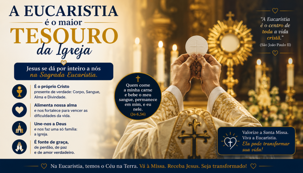 Santa Missa: descubra por que participar da Eucaristia todos os domingos fortalece a fé, transforma vidas, renova a esperança e aproxima você do amor de Deus. Volte à Casa do Pai!