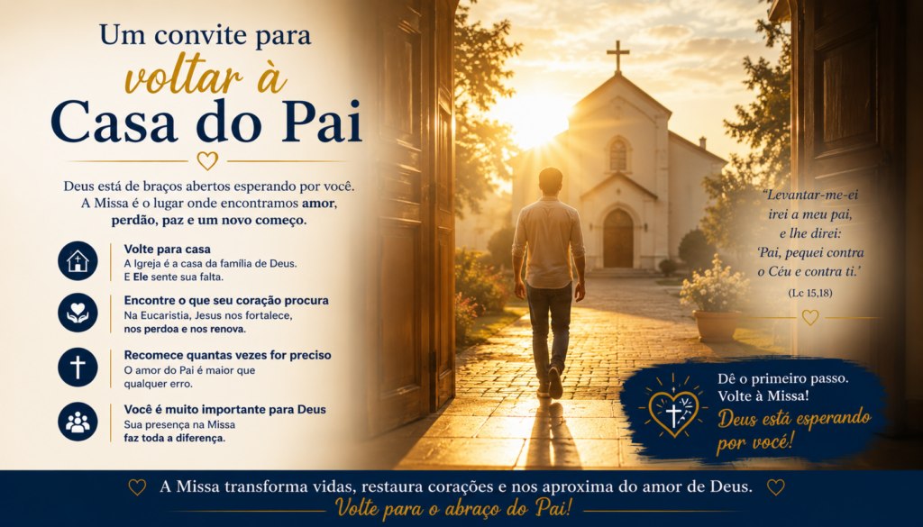 Santa Missa: descubra por que participar da Eucaristia todos os domingos fortalece a fé, transforma vidas, renova a esperança e aproxima você do amor de Deus. Volte à Casa do Pai!