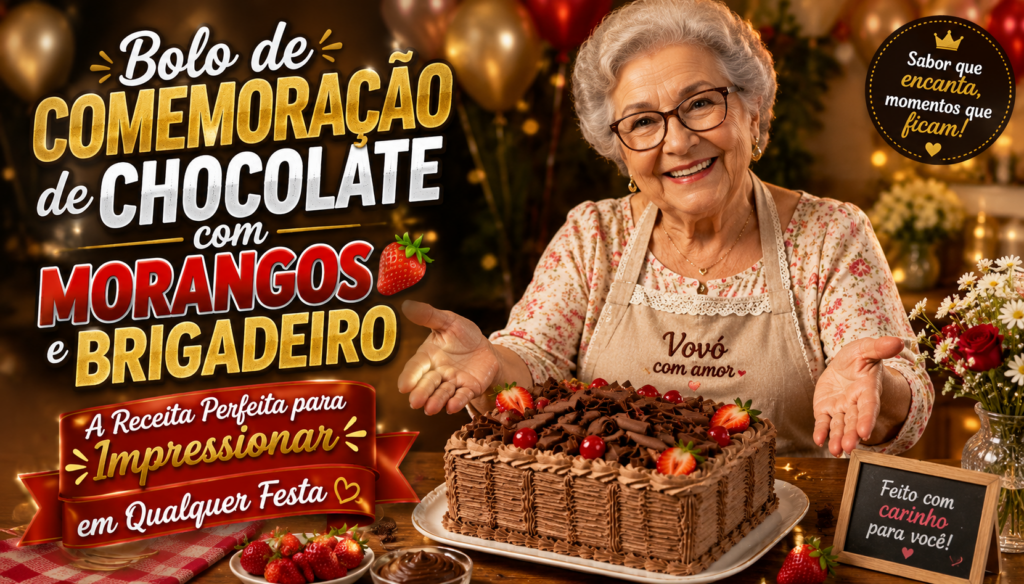 Bolo de Comemoração de Chocolate com Morangos e Brigadeiro é a receita perfeita para transformar qualquer festa em um momento inesquecível. Aprenda a preparar um bolo irresistível, com massa fofinha, brigadeiro cremoso, morangos frescos e uma decoração encantadora que vai impressionar seus convidados desde a primeira fatia. Ideal para aniversários, comemorações e ocasiões especiais.