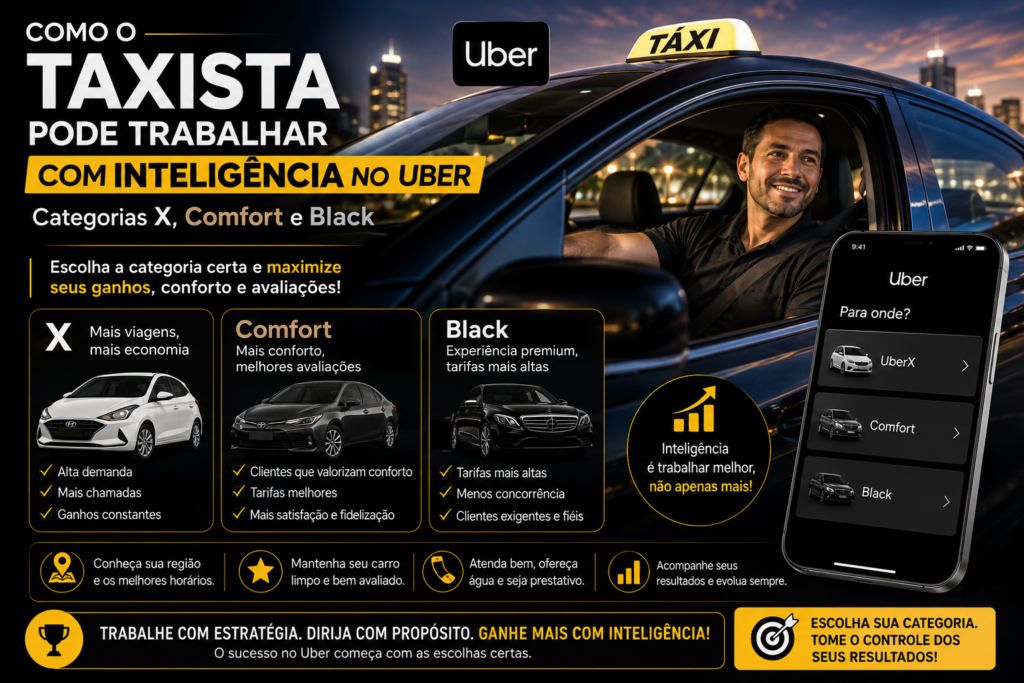 Taxista: Descubra como trabalhar com inteligência na Uber nas categorias X, Comfort e Black, aumentar suas oportunidades de corridas, aproveitar melhor cada viagem, reduzir deslocamentos sem passageiros e potencializar sua rentabilidade com estratégias práticas e eficientes.