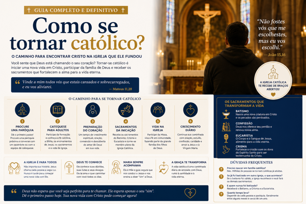 Como se tornar católico? Descubra o passo a passo para entrar na Igreja Católica, receber os sacramentos, conhecer a catequese e iniciar uma nova vida com Jesus Cristo. Guia completo, atualizado e inspirador.