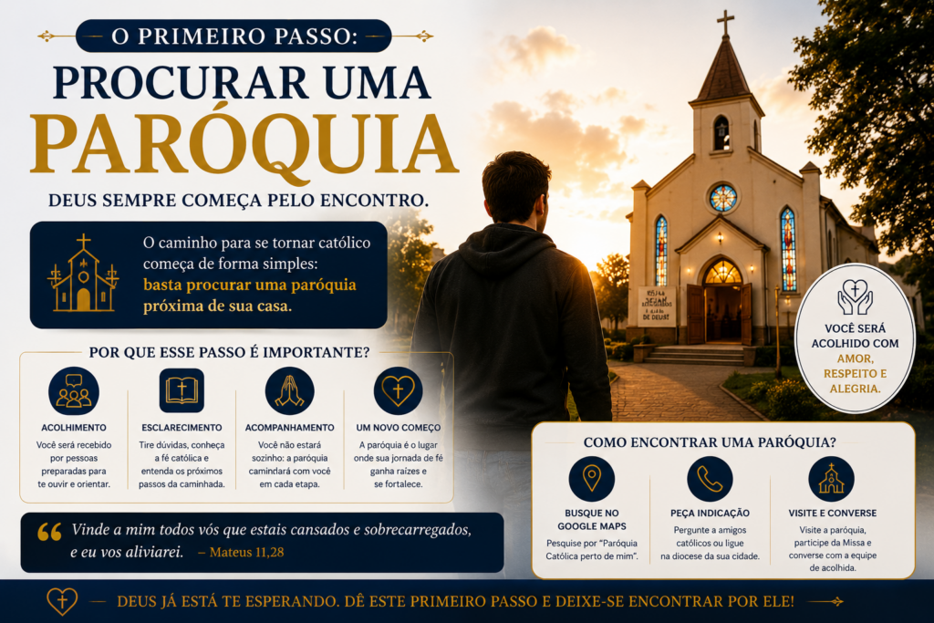 Como se tornar católico? Descubra o passo a passo para entrar na Igreja Católica, receber os sacramentos, conhecer a catequese e iniciar uma nova vida com Jesus Cristo. Guia completo, atualizado e inspirador.