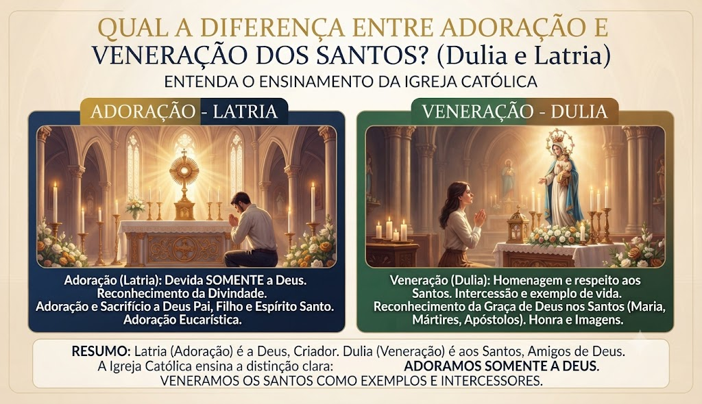 Adoração e Veneração dos Santos! Compreenda a diferença segundo o ensinamento da Igreja Católica, fortaleça sua fé com base na Bíblia e na Tradição e descubra por que somente Deus é adorado, enquanto os santos são venerados como exemplos de santidade e intercessores junto ao Senhor.