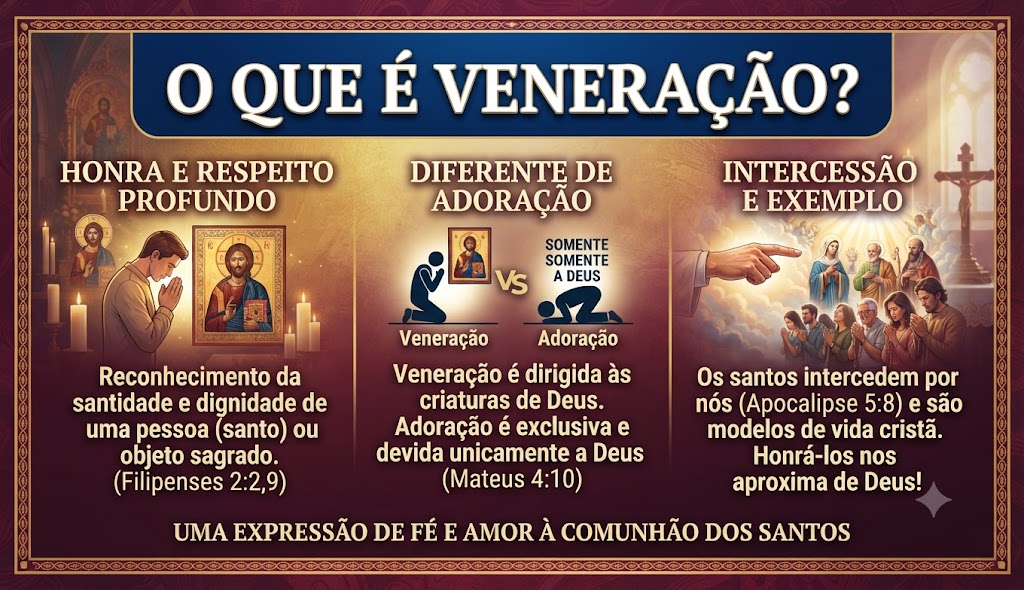 Adoração e Veneração dos Santos! Compreenda a diferença segundo o ensinamento da Igreja Católica, fortaleça sua fé com base na Bíblia e na Tradição e descubra por que somente Deus é adorado, enquanto os santos são venerados como exemplos de santidade e intercessores junto ao Senhor.