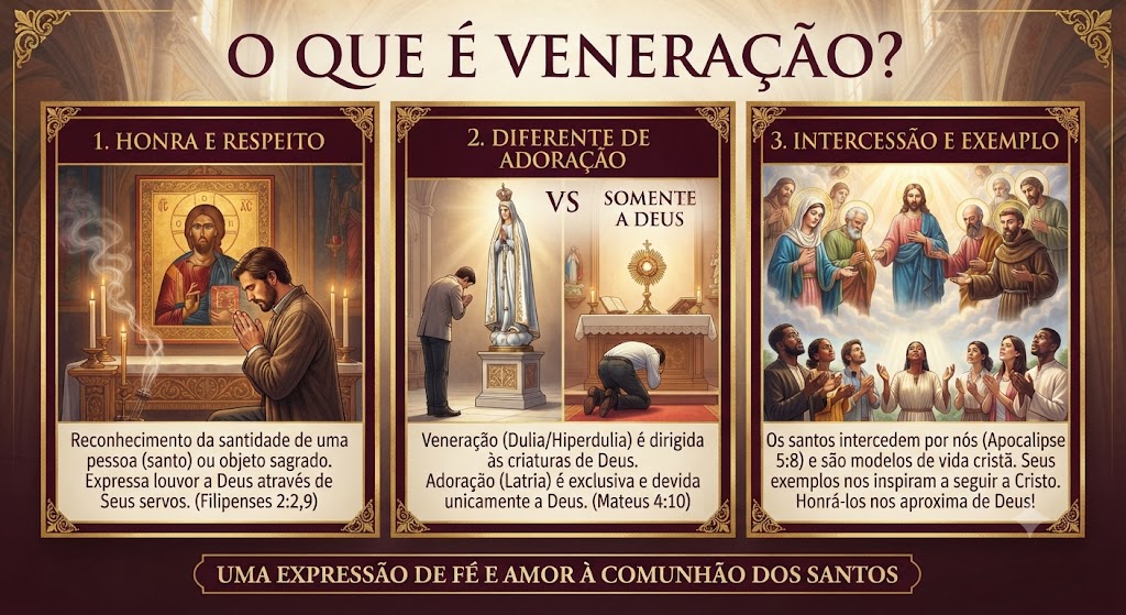 Adoração e Veneração dos Santos! Compreenda a diferença segundo o ensinamento da Igreja Católica, fortaleça sua fé com base na Bíblia e na Tradição e descubra por que somente Deus é adorado, enquanto os santos são venerados como exemplos de santidade e intercessores junto ao Senhor.