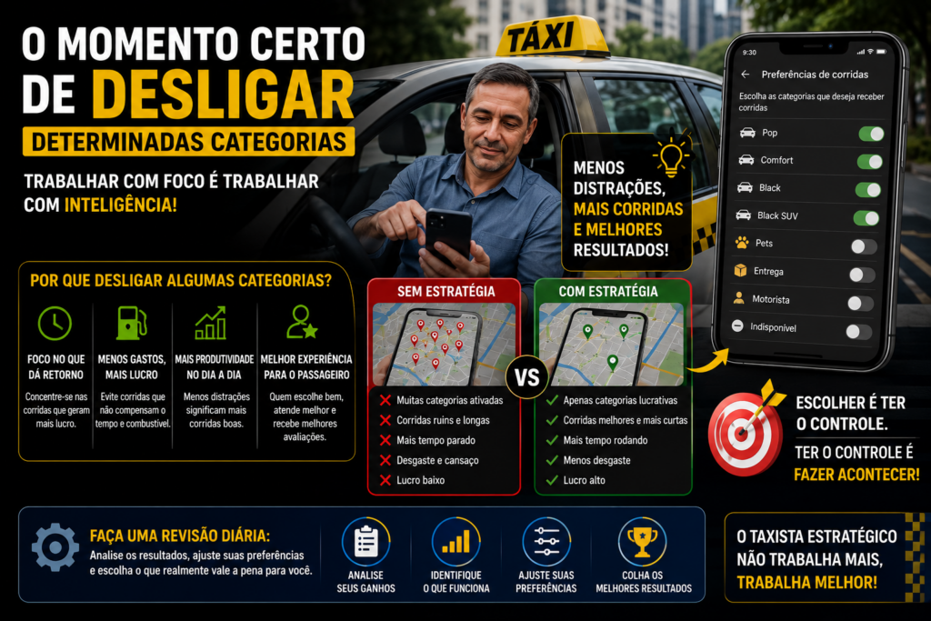 Taxista: Descubra como trabalhar com inteligência na Uber nas categorias X, Comfort e Black, aumentar suas oportunidades de corridas, aproveitar melhor cada viagem, reduzir deslocamentos sem passageiros e potencializar sua rentabilidade com estratégias práticas e eficientes.